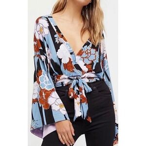 Free People Floral Boho Festival Tie Front Kimono Blouse Top Women's L Blue